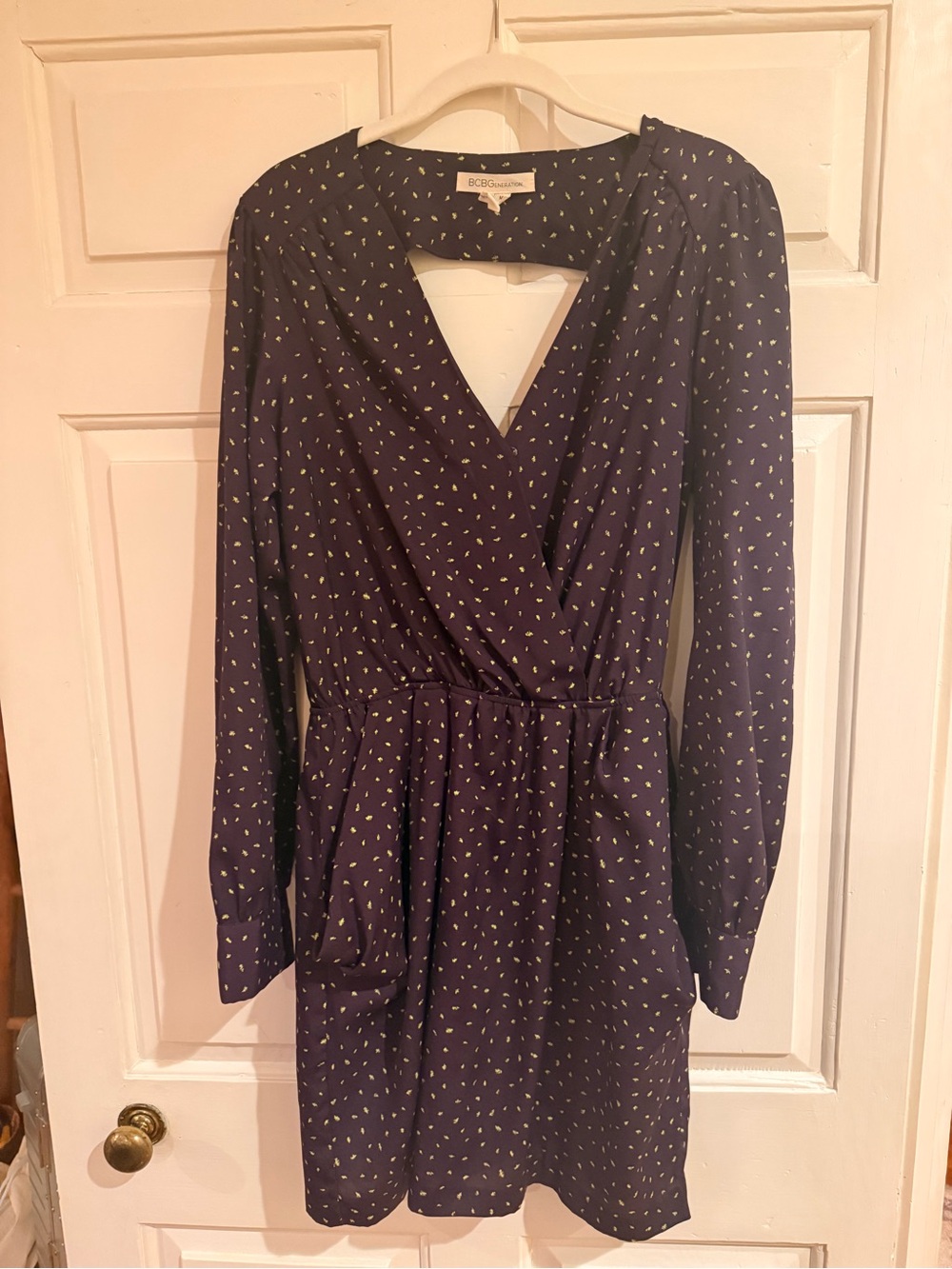 BCBGeneration Purple Long-Sleeve Dress with Lime Dot Print